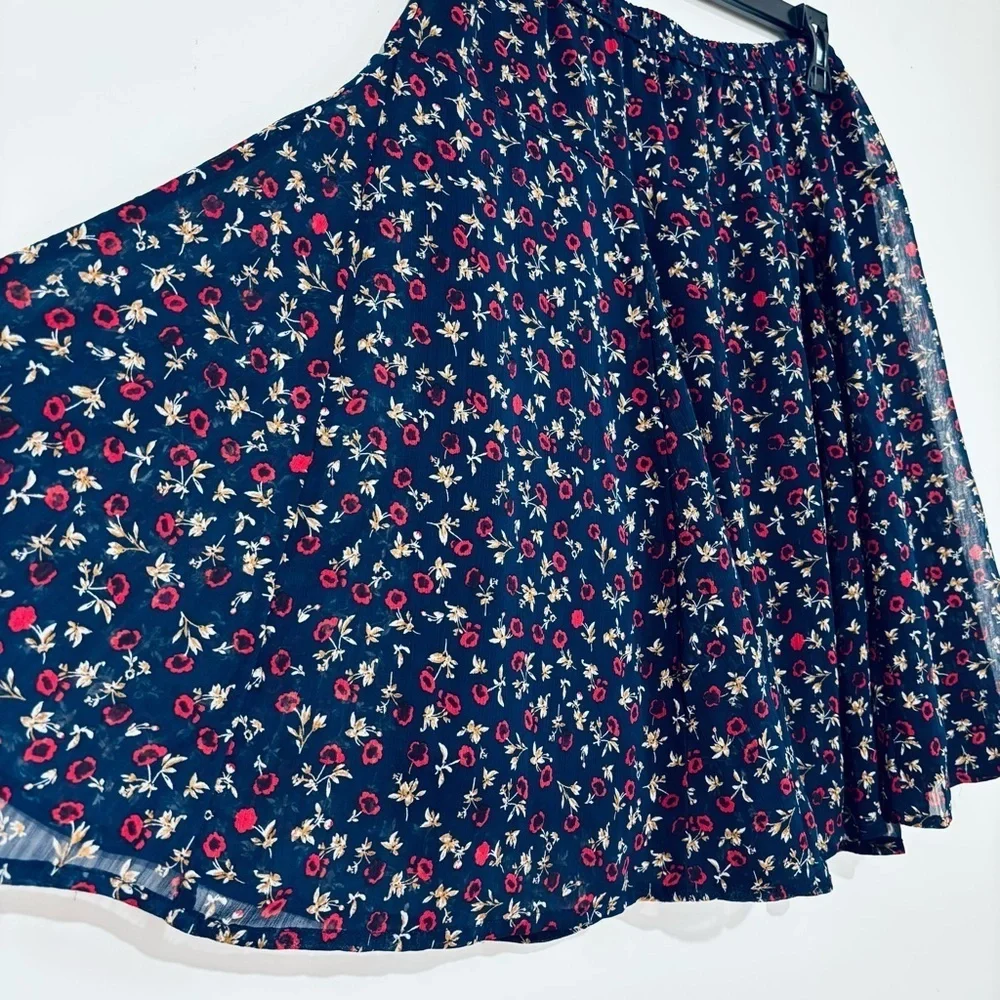Old Navy XS Floral Navy blue red A Line Pull On chiffon flirty preppy mini skirt
